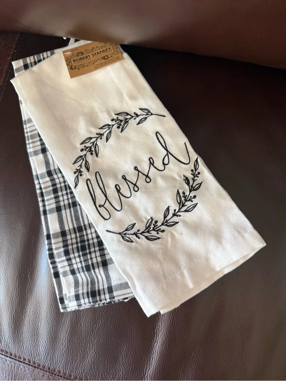 Set of 2 NEW dish towels embroidered blessed black and white plaid